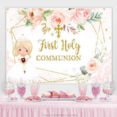Lofaris Pink Floral Gold Glitter First Holy Communion Backdrop